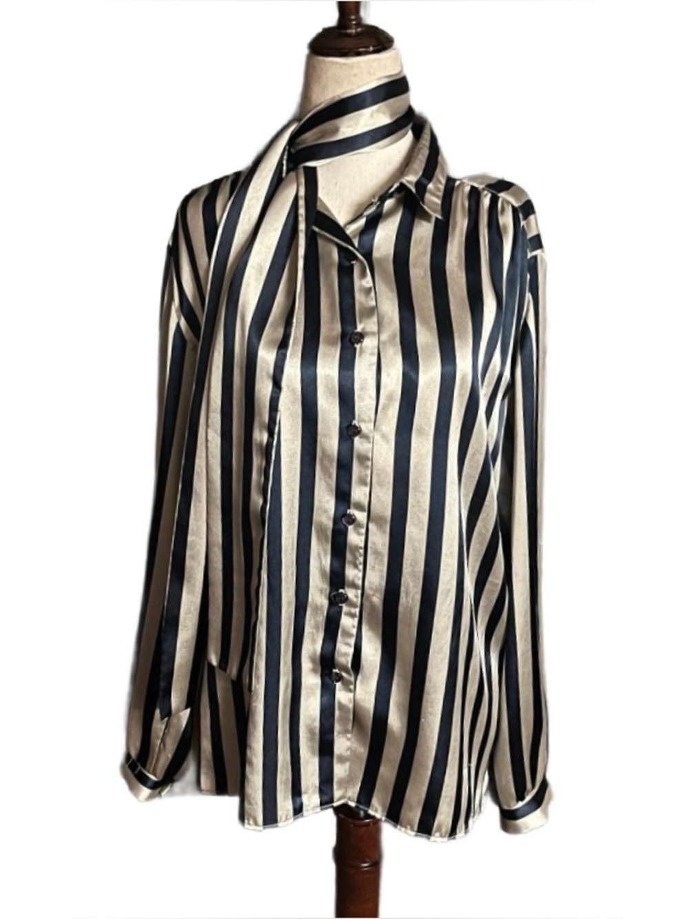 Russ ~ Women’s Size 14 ~ Vintage ~ Made in USA ~ Gold & Navy ~ Striped Blouse